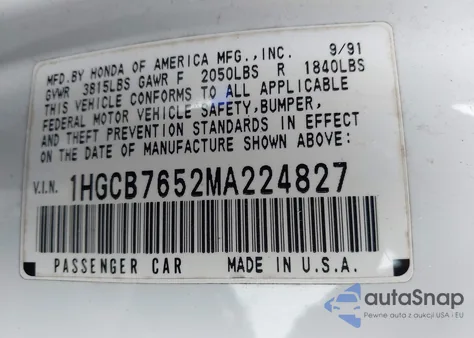 1991 Honda Accord Lx/Ex z USA, uszkodzony, nr VIN 1HGCB7652MA224827